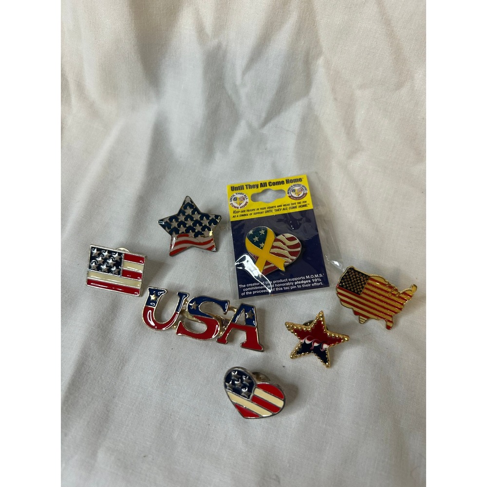 USA Patriotic Enamel‎ Lapel Pin Lot American Flag Star Heart Until They All Come